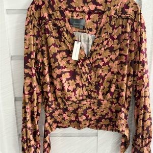 Anthropologie Pink and Brown Tie Front Blouse